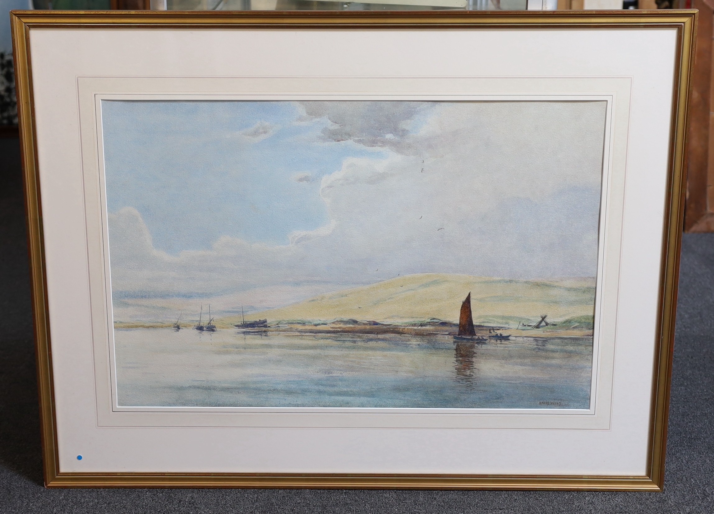 David West RSW (1868-1936), Estuary and fishing boats at low tide, watercolour, 49 x 75cm